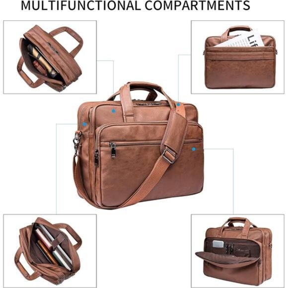 Leather Laptop Bag, Men's 15.6 Inches Messenger Briefcase Satchel - Picture 2 of 7